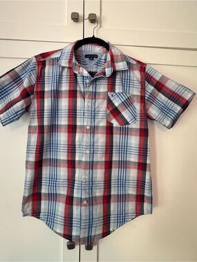 Tommy Hilfiger Red, Blue & White Plaid Short Sleeve Button-Down Shirt